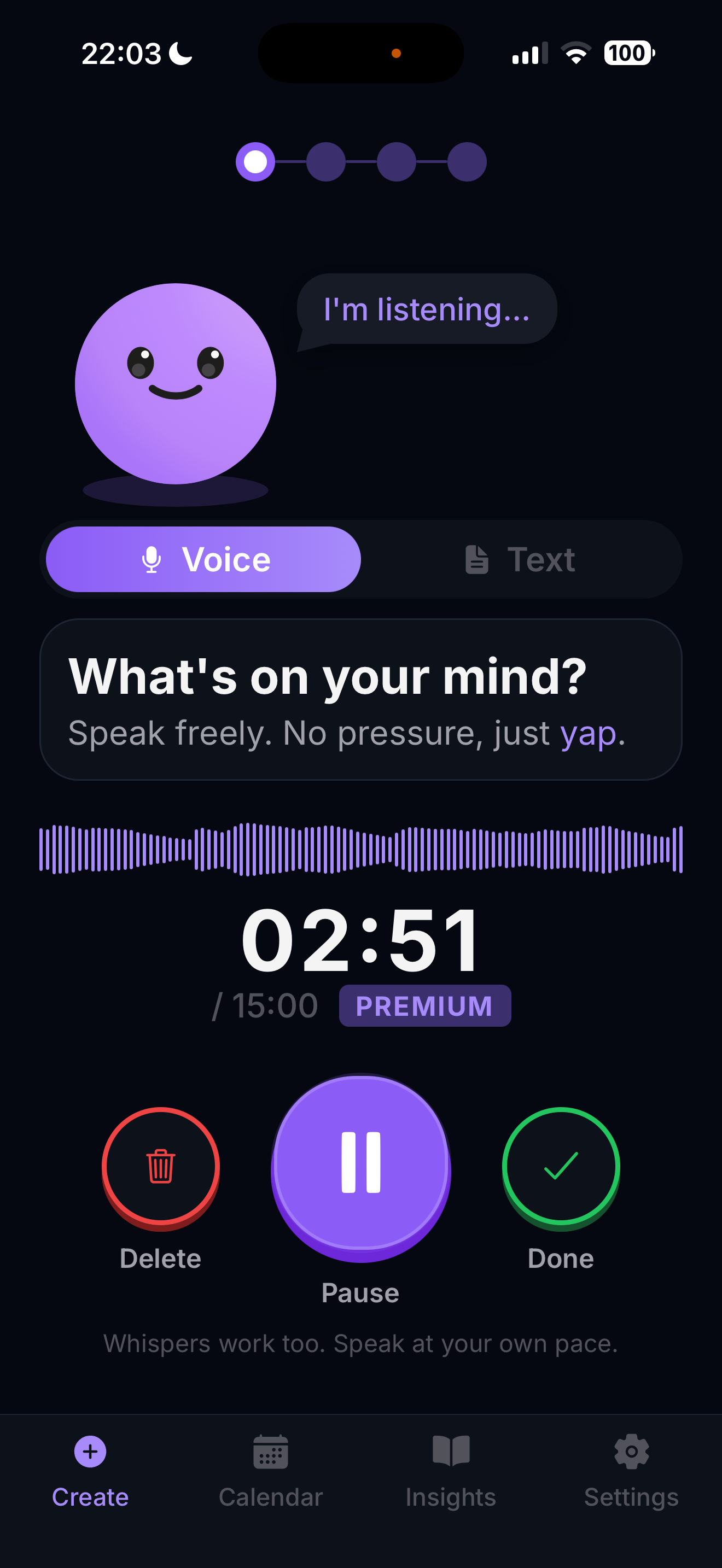 JustYap's create screen for recording or typing a journal entry